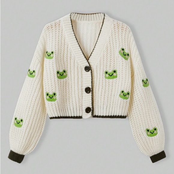 ROMWE Sweaters - NWT ROMWE Adorable Frog Patch Cream Knit Cardigan Sweater - Oversized XL